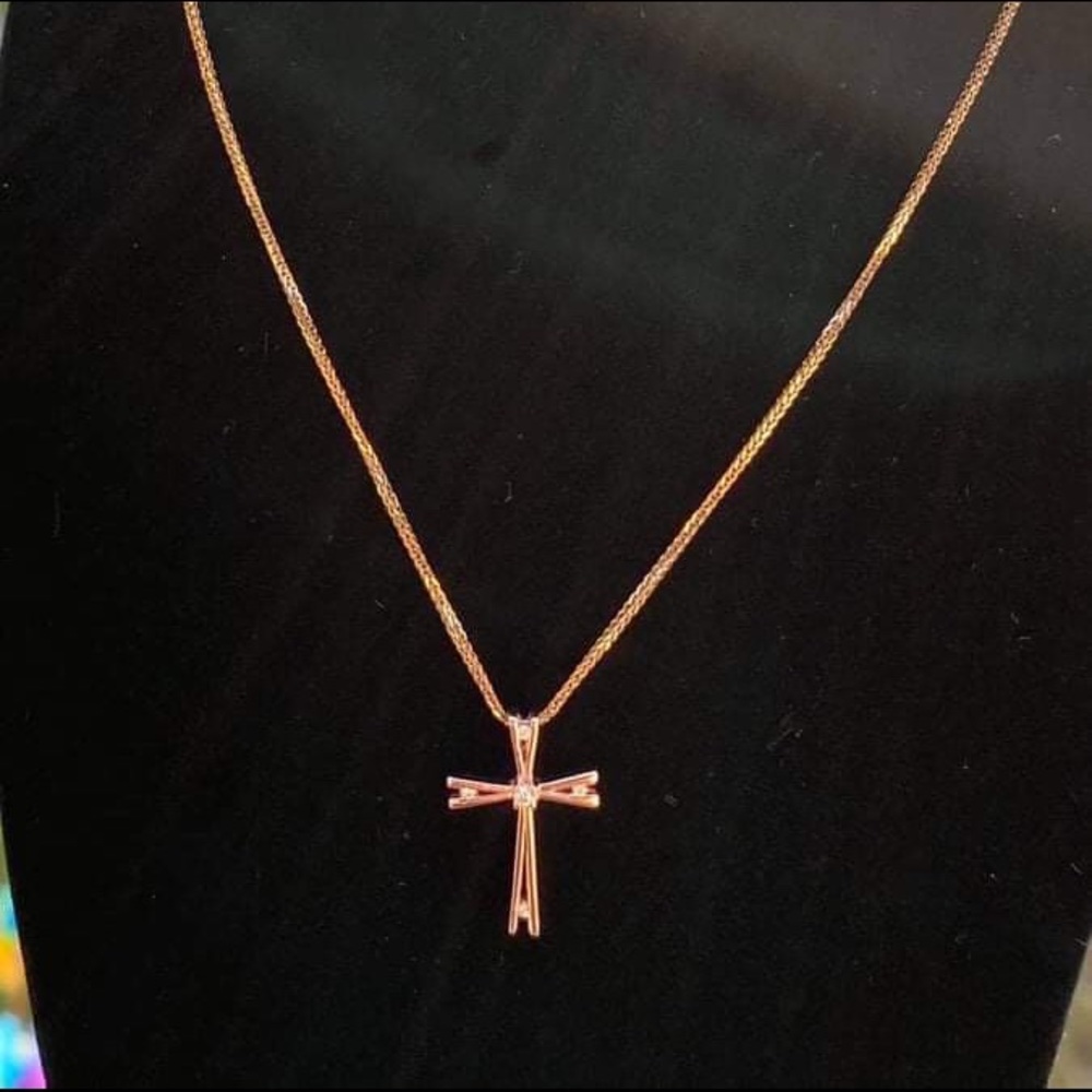 14K Rose Gold Cross Pendant with Diamond Necklace